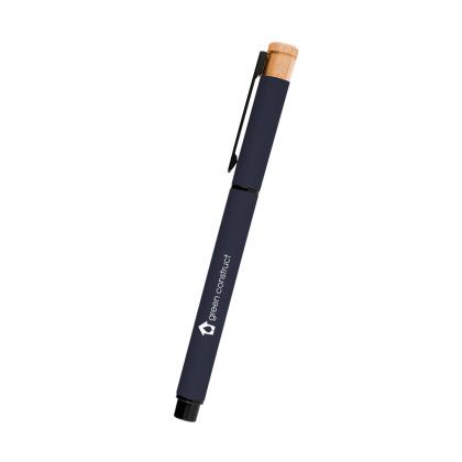 Custom Ronan Recycled Aluminum Gel Pen - Navy With Bamboo 