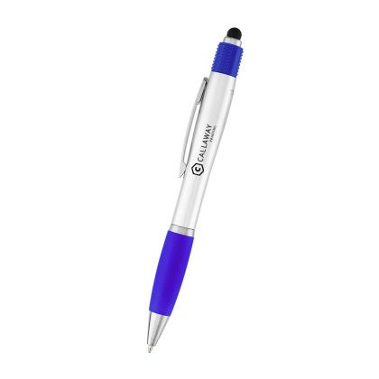 Custom rABS Satin Stylus Pen With Spin Top - Silver/Royal Blue Custom rABS Satin Stylus Pen With Spin Top - Silver/Royal Blue