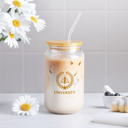 Custom 16 oz Glass Can with Bamboo Lid & Straw