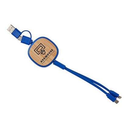 Custom Dual Input 3-in-1 Retractable Bamboo Charge-It Cable - Blue Front View Custom Dual Input 3-in-1 Retractable Bamboo Charge-It Cable - Blue Front View