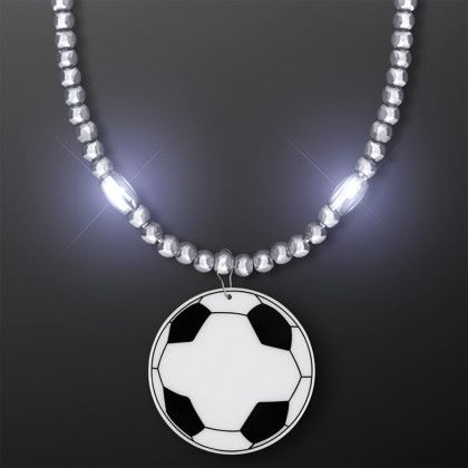 Custom Silver LED Bead Necklace with Soccer Ball Medallion - Front View Custom Silver LED Bead Necklace with Soccer Ball Medallion - Front View