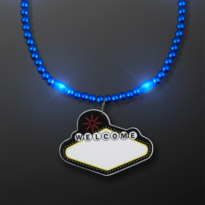 Custom Blue LED Bead Necklace with Las Vegas Medallion - Front View Custom Blue LED Bead Necklace with Las Vegas Medallion - Front View