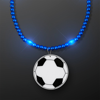 Custom Blue LED Bead Necklace with Soccer Ball Medallion - Front View Custom Blue LED Bead Necklace with Soccer Ball Medallion - Front View