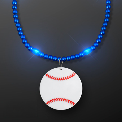 Custom Blue LED Bead Necklace with Baseball Medallion - Front View 