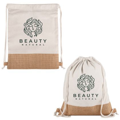 Custom Quetico 8 oz Cotton & Jute Drawstring Bag - Natural with Brown