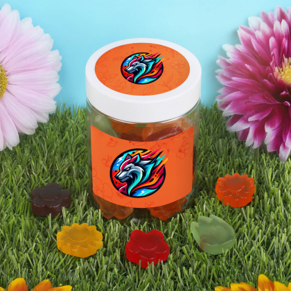 Custom Albanese Gummi Awesome Blossoms: Large Jar - Lifestyle View Custom Albanese Gummi Awesome Blossoms: Large Jar - Lifestyle View