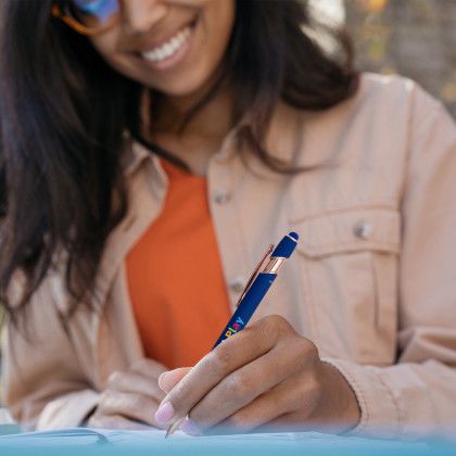 Custom Lexi Stylus Satin Soft Touch Gel Click Pen - Rose Gold Recycled - Low Quantities - Dark Blue - Lifestyle View Custom Lexi Stylus Satin Soft Touch Gel Click Pen - Rose Gold Recycled - Low Quantities - Dark Blue - Lifestyle View