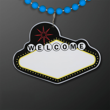 Custom Imprintable Vegas Sign Medallion with Blue Beaded Necklace - Front View Custom Imprintable Vegas Sign Medallion with Blue Beaded Necklace - Front View