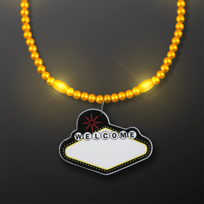 Custom Yellow LED Bead Necklace with Las Vegas Medallion - Front View Custom Yellow LED Bead Necklace with Las Vegas Medallion - Front View