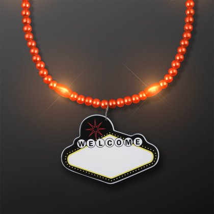 Custom Orange LED Bead Necklace with Las Vegas Medallionv - Front View Custom Orange LED Bead Necklace with Las Vegas Medallionv - Front View