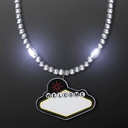 Custom Silver LED Bead Necklace with Las Vegas Medallion - Front View Custom Silver LED Bead Necklace with Las Vegas Medallion - Front View