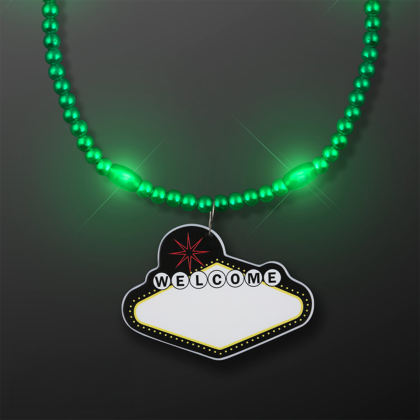 Custom Green LED Bead Necklace with Las Vegas Medallion - Front View Custom Green LED Bead Necklace with Las Vegas Medallion - Front View
