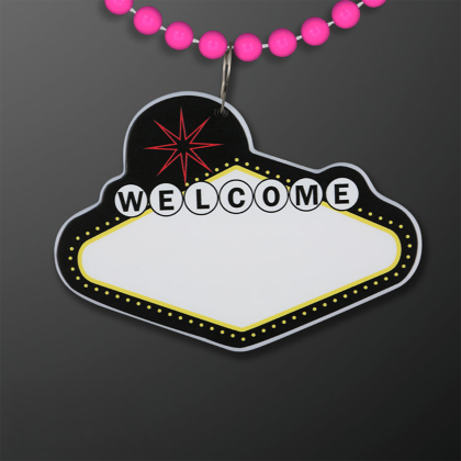 Custom Imprintable Vegas Sign Medallion with Pink Beaded Necklace - Front View Custom Imprintable Vegas Sign Medallion with Pink Beaded Necklace - Front View