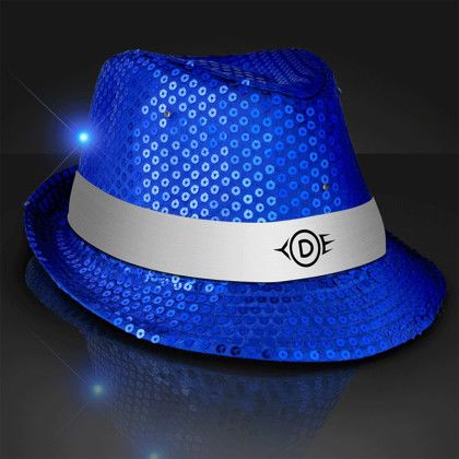Custom Sequin Blue Fedora Hats with White Bands