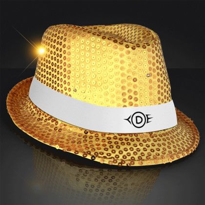 Custom Shiny Gold Fedora Hats with White Bands Custom Shiny Gold Fedora Hats with White Bands