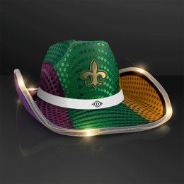 Custom Light Up Mardi Gras Cowboy Hat with White Band - Purple, Green, Gold with White