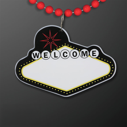 Custom Imprintable Vegas Sign Medallion with Red Beaded Necklace - Front View Custom Imprintable Vegas Sign Medallion with Red Beaded Necklace - Front View