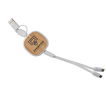 Custom Dual Input 3-in-1 Retractable Bamboo Charge-It Cable - White Custom Dual Input 3-in-1 Retractable Bamboo Charge-It Cable - White