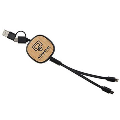 Custom Dual Input 3-in-1 Retractable Bamboo Charge-It Cable - Black Custom Dual Input 3-in-1 Retractable Bamboo Charge-It Cable - Black