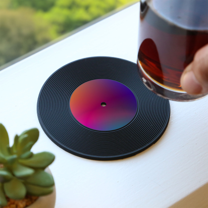 Custom 4 Piece Record Coaster Set In Box - In Use Custom 4 Piece Record Coaster Set In Box - In Use