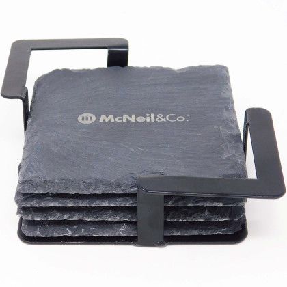 Custom 4 Pc. Square Slate Coaster Set with Black Metal Stand - Charcoal with Black Custom 4 Pc. Square Slate Coaster Set with Black Metal Stand - Charcoal with Black