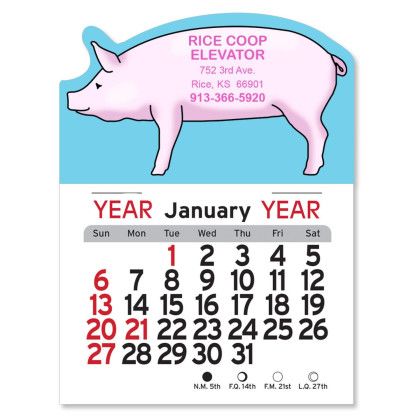 White Peel-N-Stick™ Pig Calendar | Wholesale Animal Shaped Mini Calendars | Low Cost Custom Shaped Peel-N-Stick Calendars White Peel-N-Stick™ Pig Calendar | Wholesale Animal Shaped Mini Calendars | Low Cost Custom Shaped Peel-N-Stick Calendars