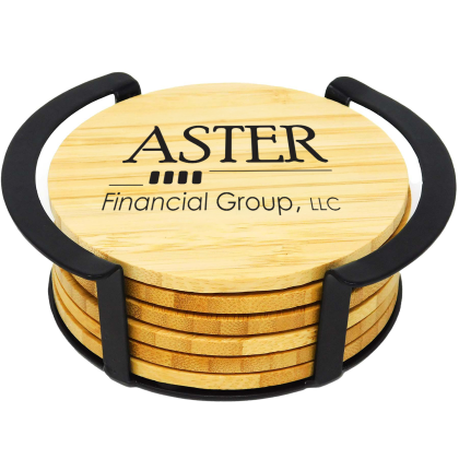 Custom 6 Pc. Round Bamboo Coaster Set with Black Metal Stand