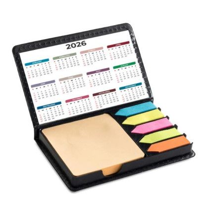 Custom Leatherette Flip-Top Calendar Box with Sticky Sheets and Flags - Inside View Custom Leatherette Flip-Top Calendar Box with Sticky Sheets and Flags - Inside View