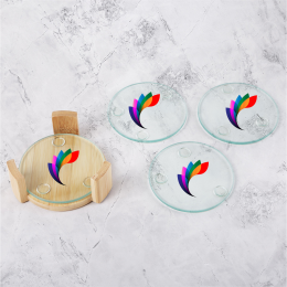 Custom Round Glass Coasters: 5 Piece Set With Wood Stand Custom Round Glass Coasters: 5 Piece Set With Wood Stand