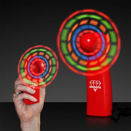 Custom Light Up Promotional Mini Fans with Red Handles - In use Custom Light Up Promotional Mini Fans with Red Handles - In use