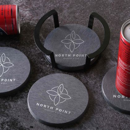 Custom Relic Diatomite Coaster: 4 Pc Set In Metal Stand - Lifestyle View