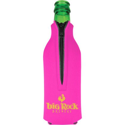 Custom American Made Zipper Bottle Cooler - Neon Pink
