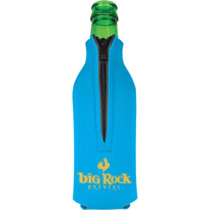 Custom American Made Zipper Bottle Cooler - Neon Blue
