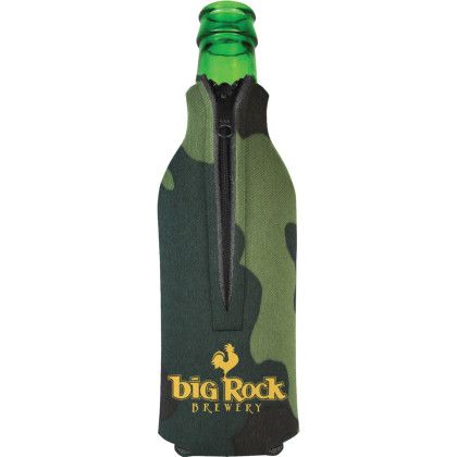 Custom American Made Zipper Bottle Cooler - Green Camo