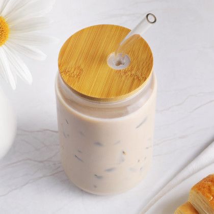 Custom 16 oz Glass Can with Bamboo Lid & Straw - Upper view Custom 16 oz Glass Can with Bamboo Lid & Straw - Upper view