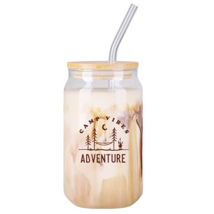 Custom 16 oz Glass Can with Bamboo Lid & Straw Custom 16 oz Glass Can with Bamboo Lid & Straw