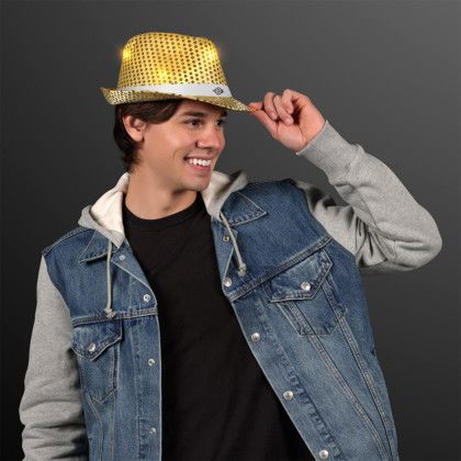 Custom Shiny Gold Fedora Hats with White Bands - Lifestyle Custom Shiny Gold Fedora Hats with White Bands - Lifestyle