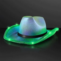 Custom Iridescent Green Light Up Cowgirl Hat with Black Band