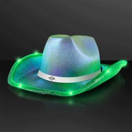 Custom Iridescent Green Light Up Cowgirl Hat with White Band