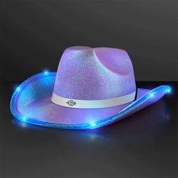 Custom Purple Blue Iridescent LED Cowgirl Hat with White Band