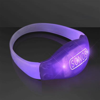 Custom Purple LED Flashing Sound Activated Light Bracelets - Side View Custom Purple LED Flashing Sound Activated Light Bracelets - Side View