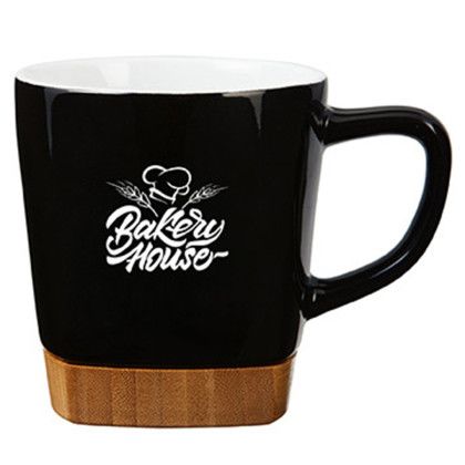 Custom 11 oz. Ceramic Mug with Removable Bamboo Coaster - Black Custom 11 oz. Ceramic Mug with Removable Bamboo Coaster - Black