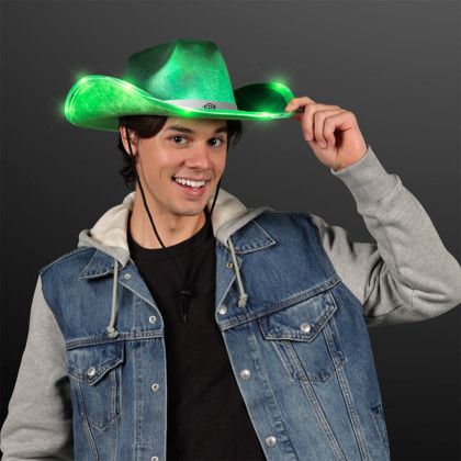 Custom Iridescent Green Light Up Cowgirl Hat with White Band - In Use 