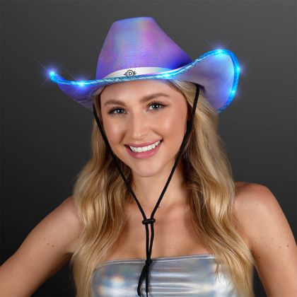 Custom Purple Blue Iridescent LED Cowgirl Hat with White Band - Lifestyle View 
