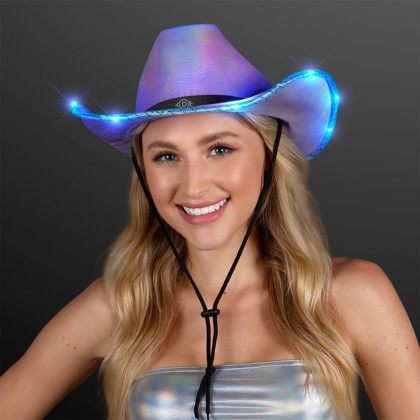 Custom Purple Blue Iridescent LED Cowgirl Hat with Black Band - Lifestyle View Custom Purple Blue Iridescent LED Cowgirl Hat with Black Band - Lifestyle View