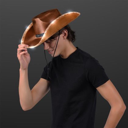 Custom Brown Shimmer Light Up Shiny Cowboy Hat with Black Band - In Use Custom Brown Shimmer Light Up Shiny Cowboy Hat with Black Band - In Use