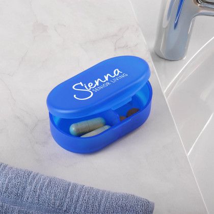 Custom Dual Compartment Pill Box - Translucent blue Lifestyle Custom Dual Compartment Pill Box - Translucent blue Lifestyle