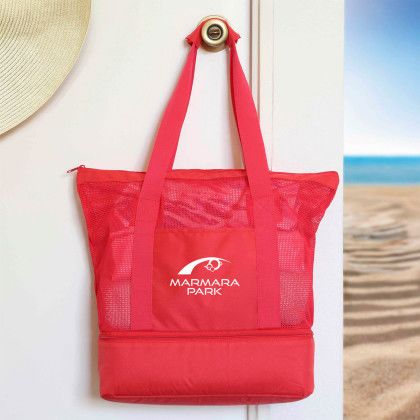 Custom rPET Mesh Beach Cooler Tote - Red - Lifestyle Custom rPET Mesh Beach Cooler Tote - Red - Lifestyle