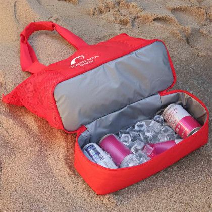 Custom rPET Mesh Beach Cooler Tote - Red - Open view Custom rPET Mesh Beach Cooler Tote - Red - Open view
