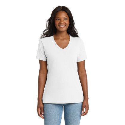 Custom Port & Company Women's Core Cotton V-Neck Tee - White Front Side Custom Port & Company Women's Core Cotton V-Neck Tee - White Front Side